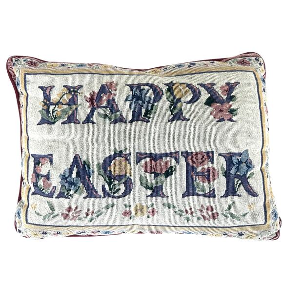 Embroidered Happy Easter Spring Colors Rectangular Pillow w/Solid Burgundy Back! - Picture 1 of 6